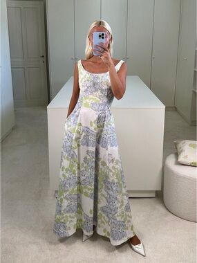 Bernadette Floral Scoop Neck Maxi Dress in Light Blue & Green